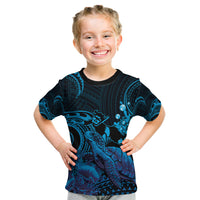 Blue Aloha Hawaii Kid T Shirt Snorkeling With Sea Turtle Polynesian Pattern
