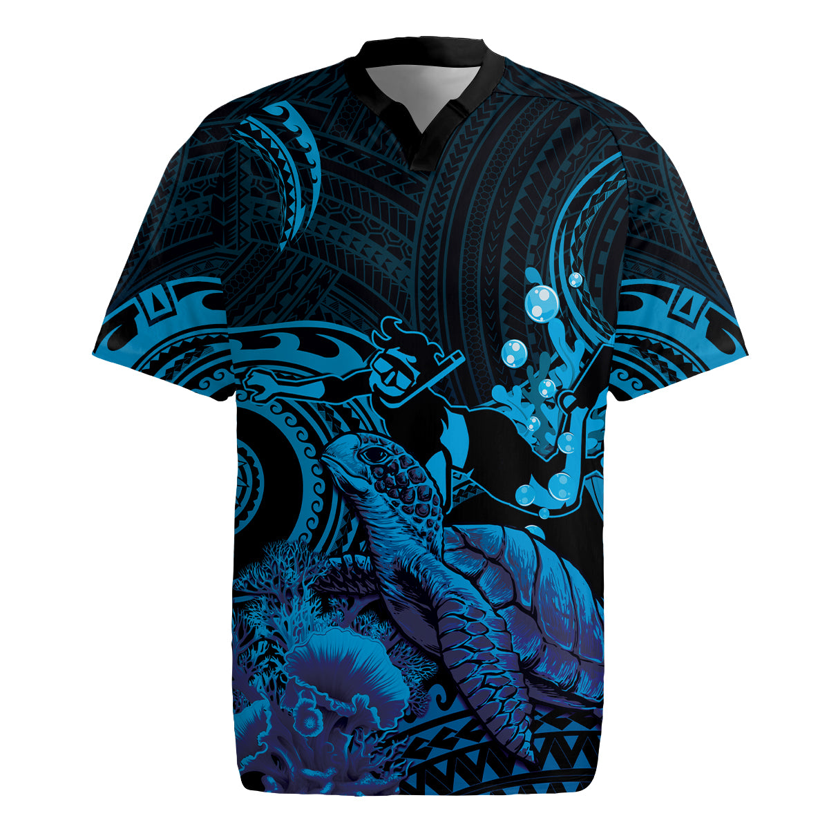 Blue Aloha Hawaii Rugby Jersey Snorkeling With Sea Turtle Polynesian Pattern
