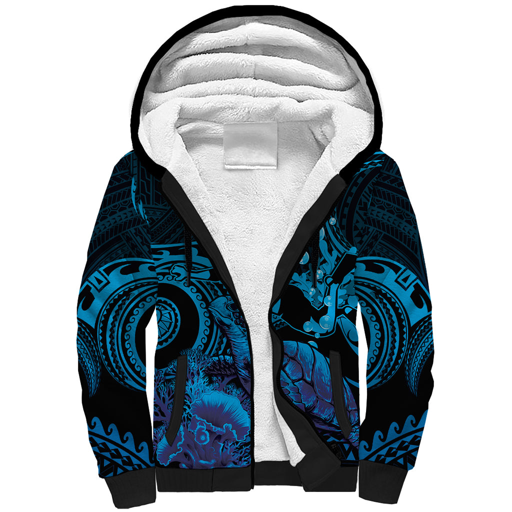 Blue Aloha Hawaii Sherpa Hoodie Snorkeling With Sea Turtle Polynesian Pattern