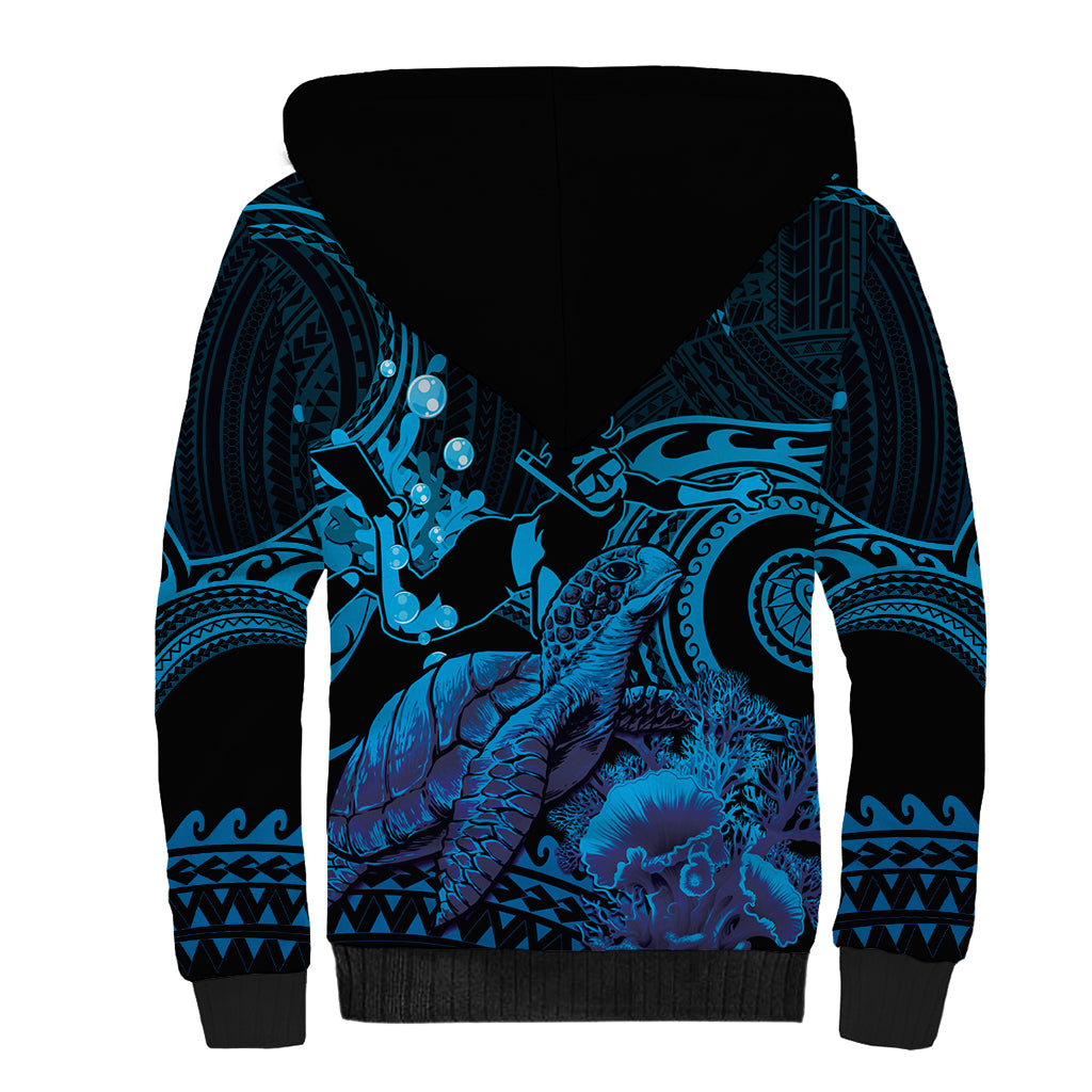 Blue Aloha Hawaii Sherpa Hoodie Snorkeling With Sea Turtle Polynesian Pattern