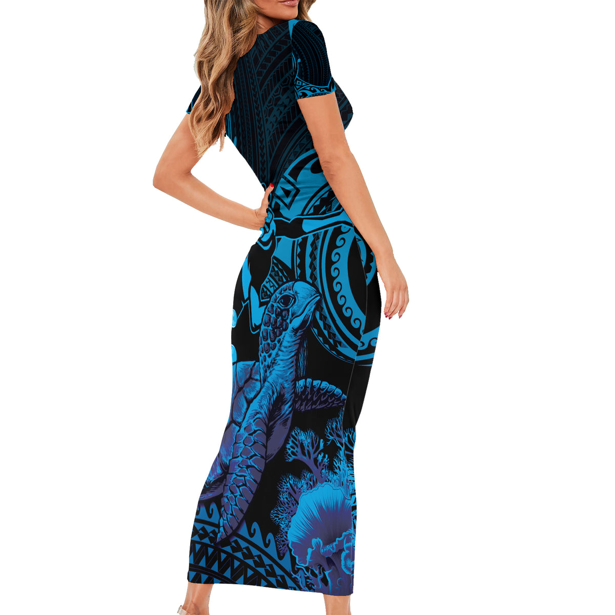 Blue Aloha Hawaii Short Sleeve Bodycon Dress Snorkeling With Sea Turtle Polynesian Pattern