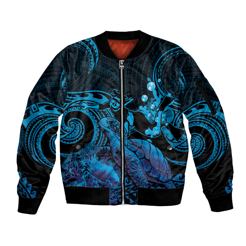 Blue Aloha Hawaii Sleeve Zip Bomber Jacket Snorkeling With Sea Turtle Polynesian Pattern