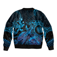 Blue Aloha Hawaii Sleeve Zip Bomber Jacket Snorkeling With Sea Turtle Polynesian Pattern