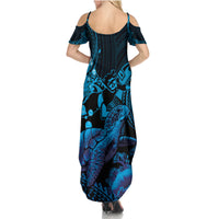 Blue Aloha Hawaii Summer Maxi Dress Snorkeling With Sea Turtle Polynesian Pattern