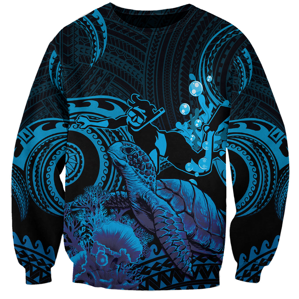 Blue Aloha Hawaii Sweatshirt Snorkeling With Sea Turtle Polynesian Pattern
