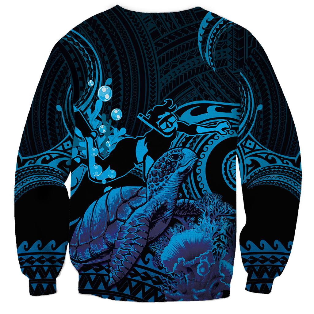Blue Aloha Hawaii Sweatshirt Snorkeling With Sea Turtle Polynesian Pattern