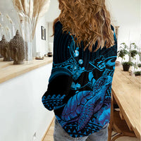 Blue Aloha Hawaii Women Casual Shirt Snorkeling With Sea Turtle Polynesian Pattern