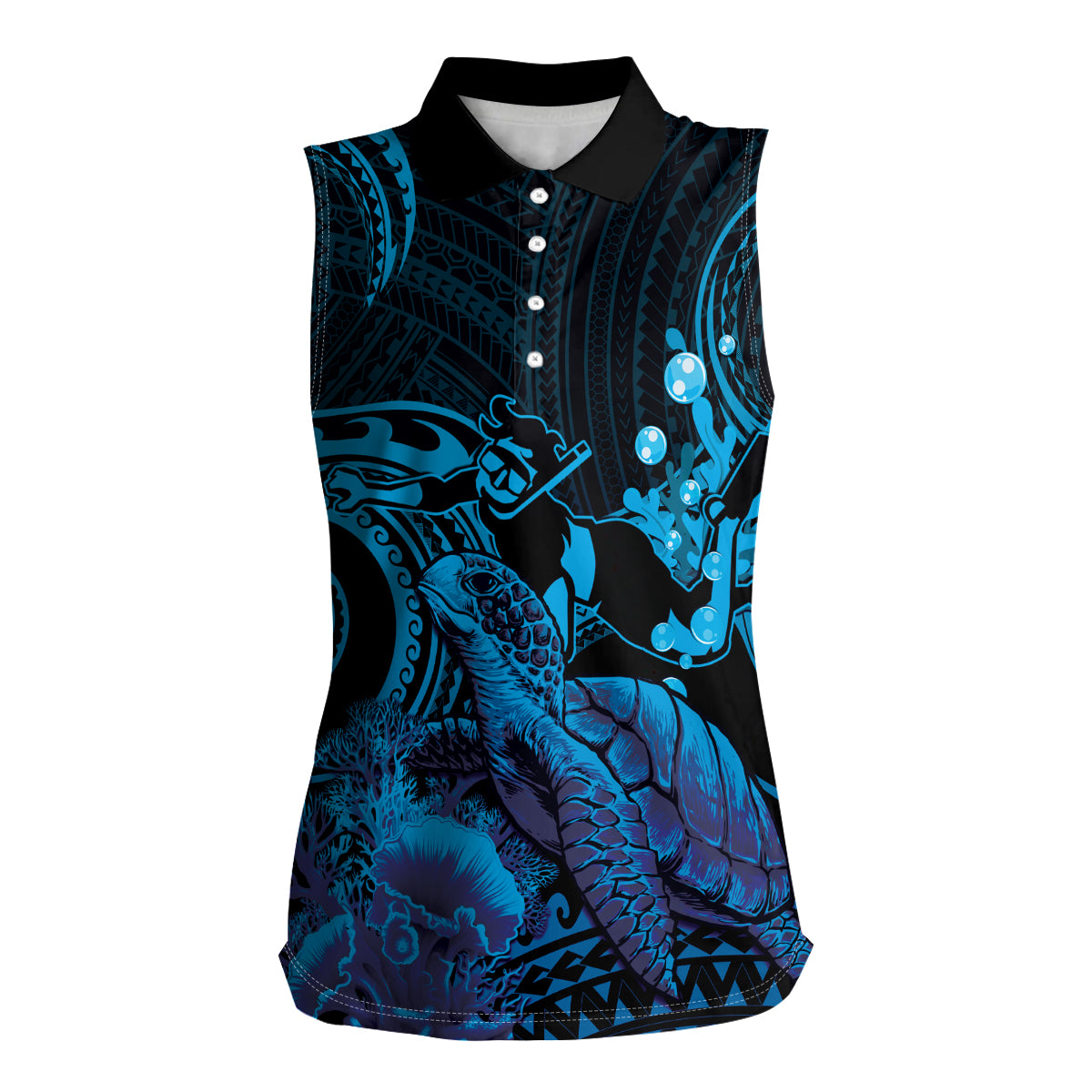 Blue Aloha Hawaii Women Sleeveless Polo Shirt Snorkeling With Sea Turtle Polynesian Pattern