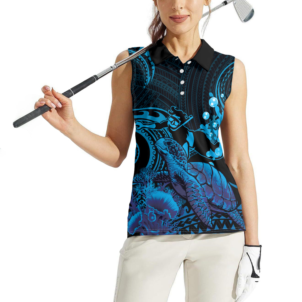 Blue Aloha Hawaii Women Sleeveless Polo Shirt Snorkeling With Sea Turtle Polynesian Pattern
