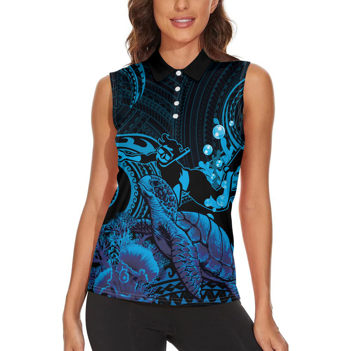 Blue Aloha Hawaii Women Sleeveless Polo Shirt Snorkeling With Sea Turtle Polynesian Pattern