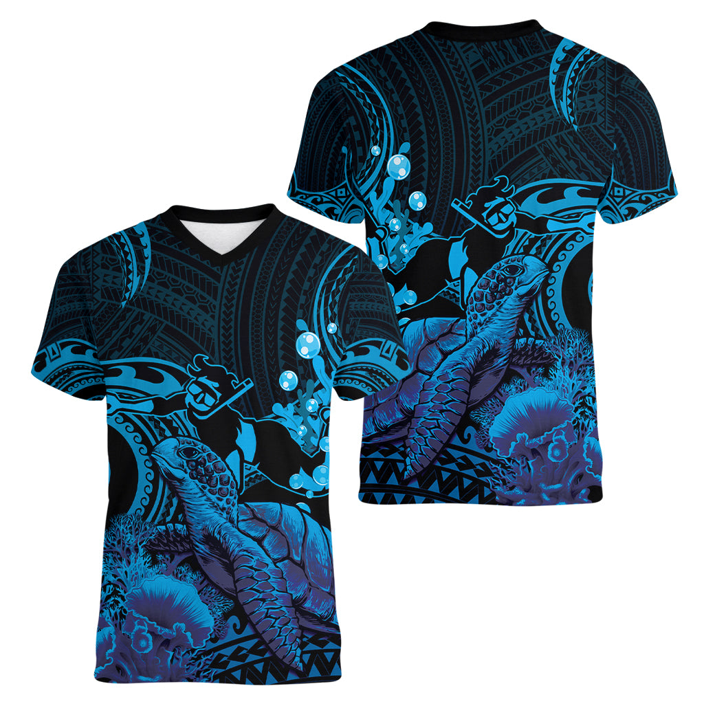 Blue Aloha Hawaii Women V-Neck T-Shirt Snorkeling With Sea Turtle Polynesian Pattern