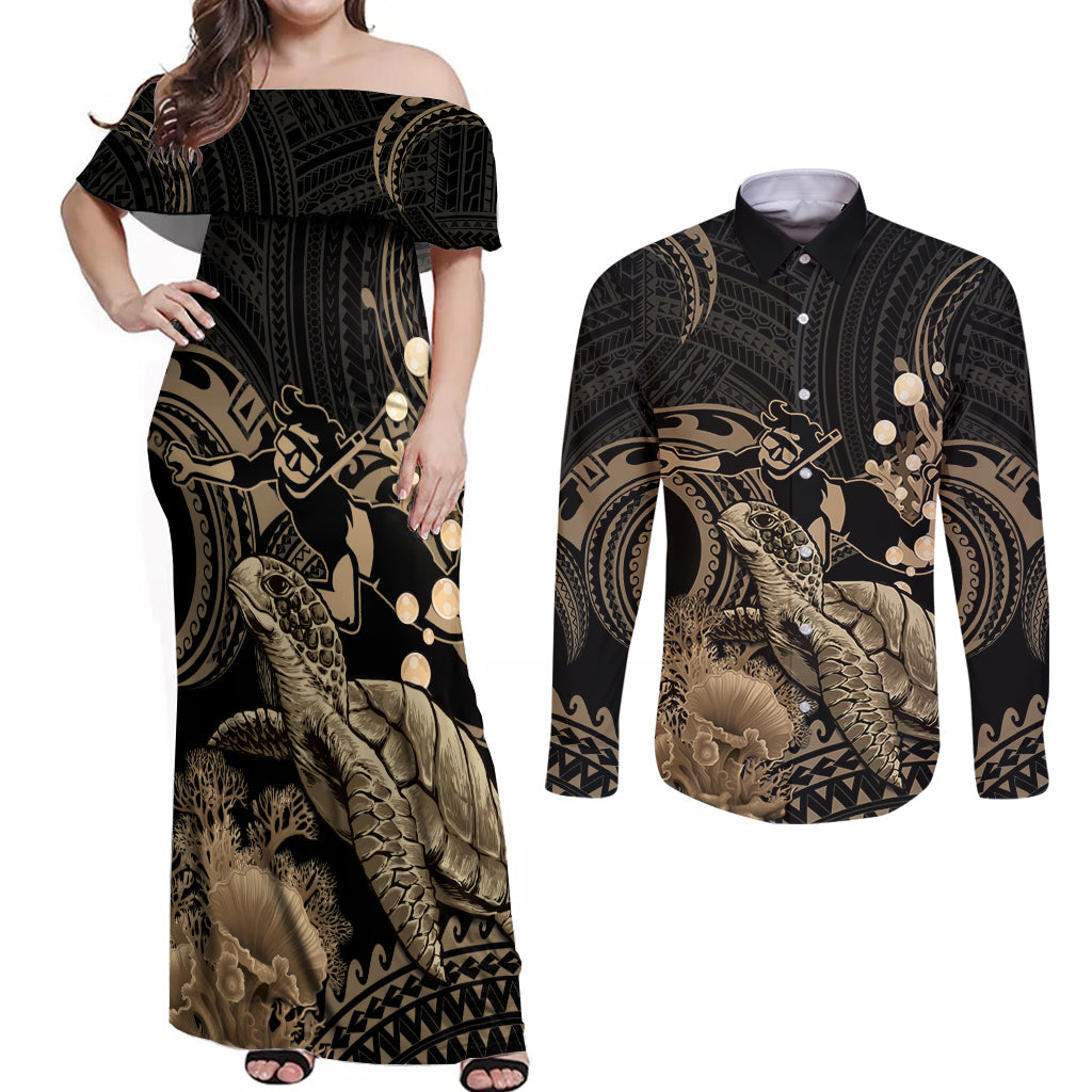 Gold Aloha Hawaii Couples Matching Off Shoulder Maxi Dress and Long Sleeve Button Shirt Snorkeling With Sea Turtle Polynesian Pattern LT14 Gold - Polynesian Pride