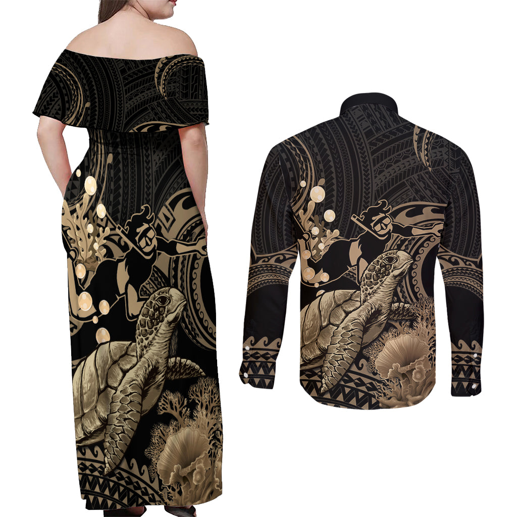 Gold Aloha Hawaii Couples Matching Off Shoulder Maxi Dress and Long Sleeve Button Shirt Snorkeling With Sea Turtle Polynesian Pattern LT14 - Polynesian Pride