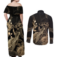 Gold Aloha Hawaii Couples Matching Off Shoulder Maxi Dress and Long Sleeve Button Shirt Snorkeling With Sea Turtle Polynesian Pattern LT14 - Polynesian Pride