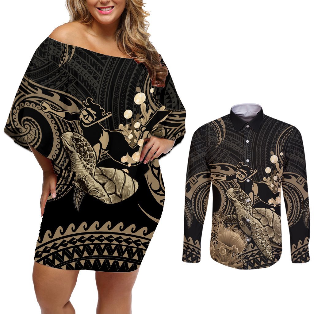 Gold Aloha Hawaii Couples Matching Off Shoulder Short Dress and Long Sleeve Button Shirt Snorkeling With Sea Turtle Polynesian Pattern LT14 Gold - Polynesian Pride