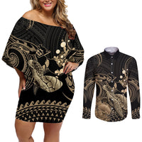 Gold Aloha Hawaii Couples Matching Off Shoulder Short Dress and Long Sleeve Button Shirt Snorkeling With Sea Turtle Polynesian Pattern LT14 Gold - Polynesian Pride