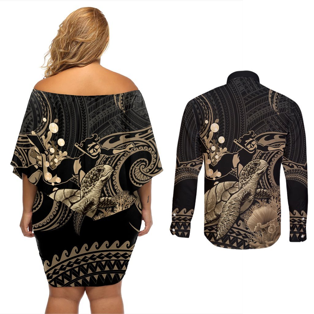 Gold Aloha Hawaii Couples Matching Off Shoulder Short Dress and Long Sleeve Button Shirt Snorkeling With Sea Turtle Polynesian Pattern LT14 - Polynesian Pride