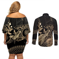 Gold Aloha Hawaii Couples Matching Off Shoulder Short Dress and Long Sleeve Button Shirt Snorkeling With Sea Turtle Polynesian Pattern LT14 - Polynesian Pride