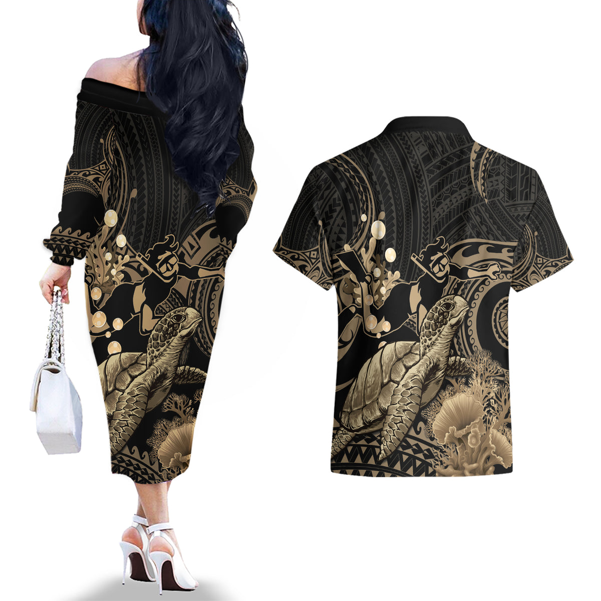Gold Aloha Hawaii Couples Matching Off The Shoulder Long Sleeve Dress and Hawaiian Shirt Snorkeling With Sea Turtle Polynesian Pattern