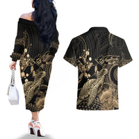 Gold Aloha Hawaii Couples Matching Off The Shoulder Long Sleeve Dress and Hawaiian Shirt Snorkeling With Sea Turtle Polynesian Pattern