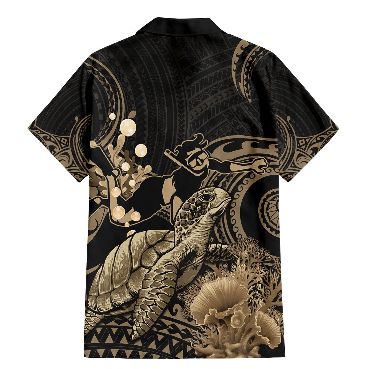 Gold Aloha Hawaii Family Matching Mermaid Dress and Hawaiian Shirt Snorkeling With Sea Turtle Polynesian Pattern