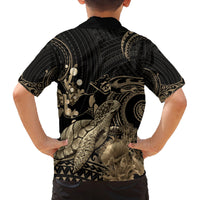 Gold Aloha Hawaii Family Matching Off Shoulder Short Dress and Hawaiian Shirt Snorkeling With Sea Turtle Polynesian Pattern
