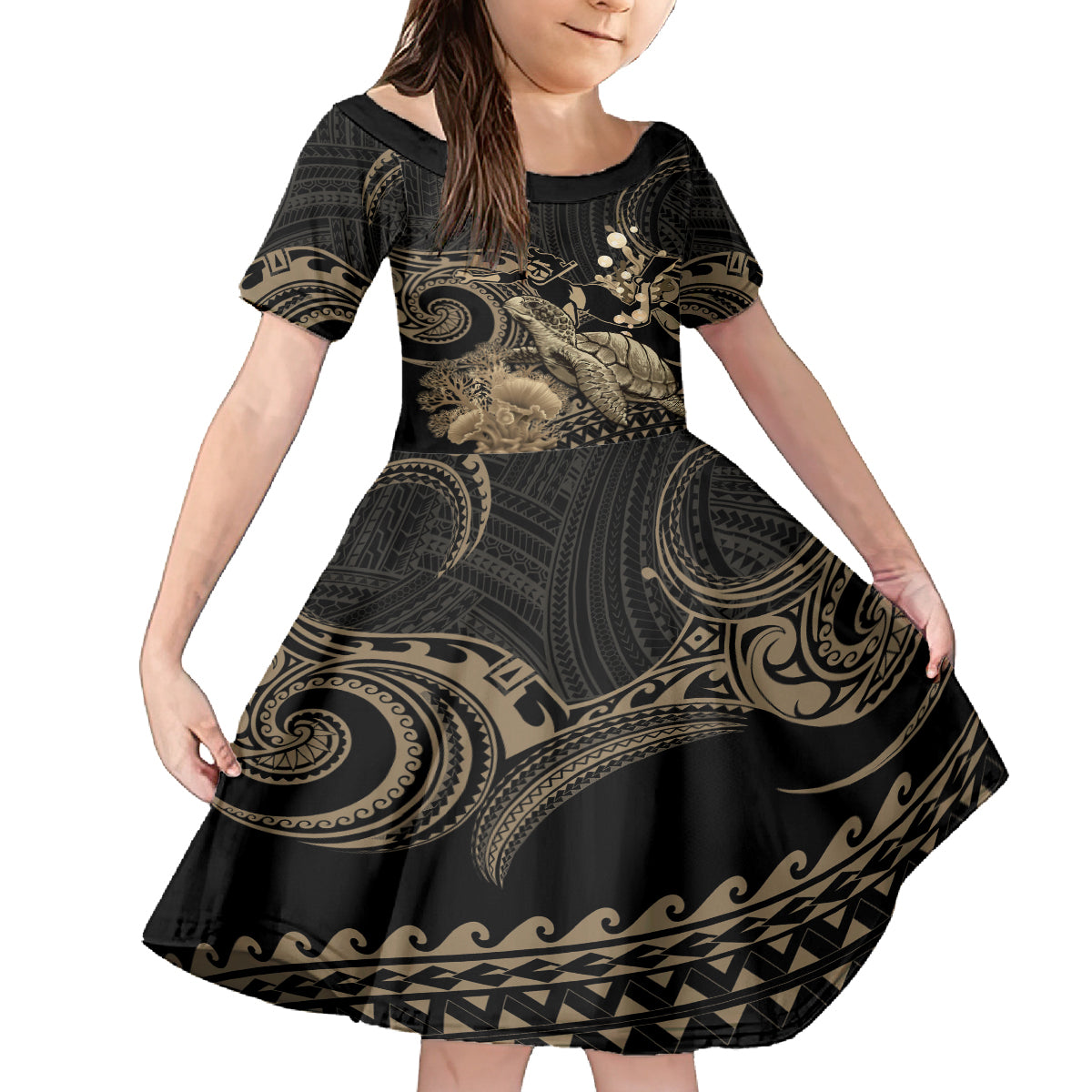 Gold Aloha Hawaii Family Matching Off Shoulder Short Dress and Hawaiian Shirt Snorkeling With Sea Turtle Polynesian Pattern