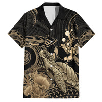 Gold Aloha Hawaii Family Matching Off Shoulder Short Dress and Hawaiian Shirt Snorkeling With Sea Turtle Polynesian Pattern