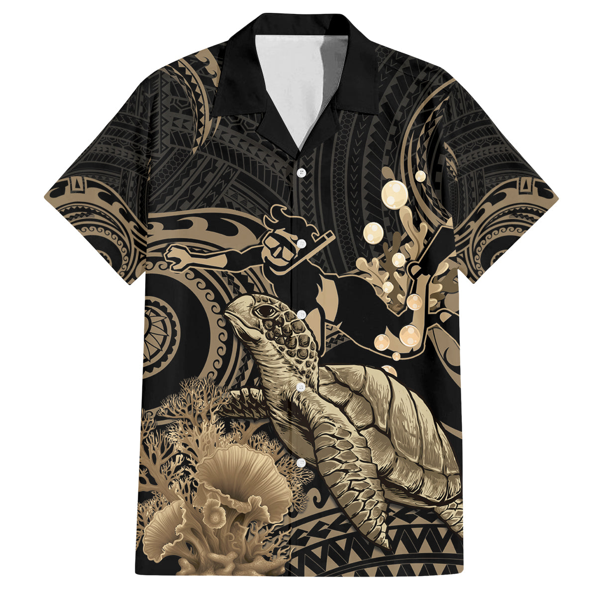 Gold Aloha Hawaii Family Matching Tank Maxi Dress and Hawaiian Shirt Snorkeling With Sea Turtle Polynesian Pattern