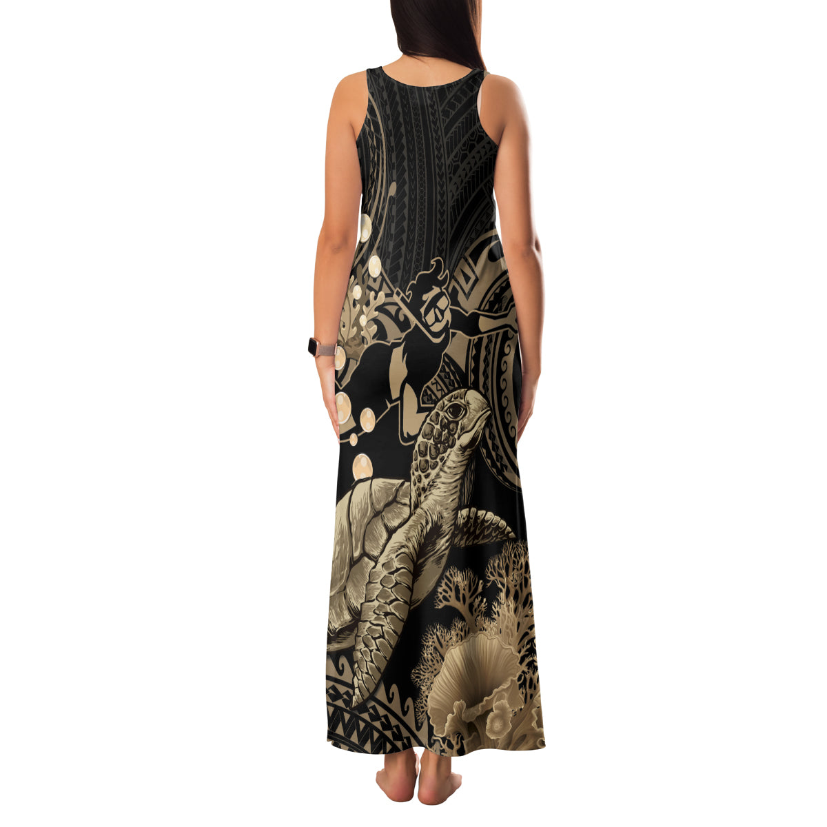 Gold Aloha Hawaii Family Matching Tank Maxi Dress and Hawaiian Shirt Snorkeling With Sea Turtle Polynesian Pattern