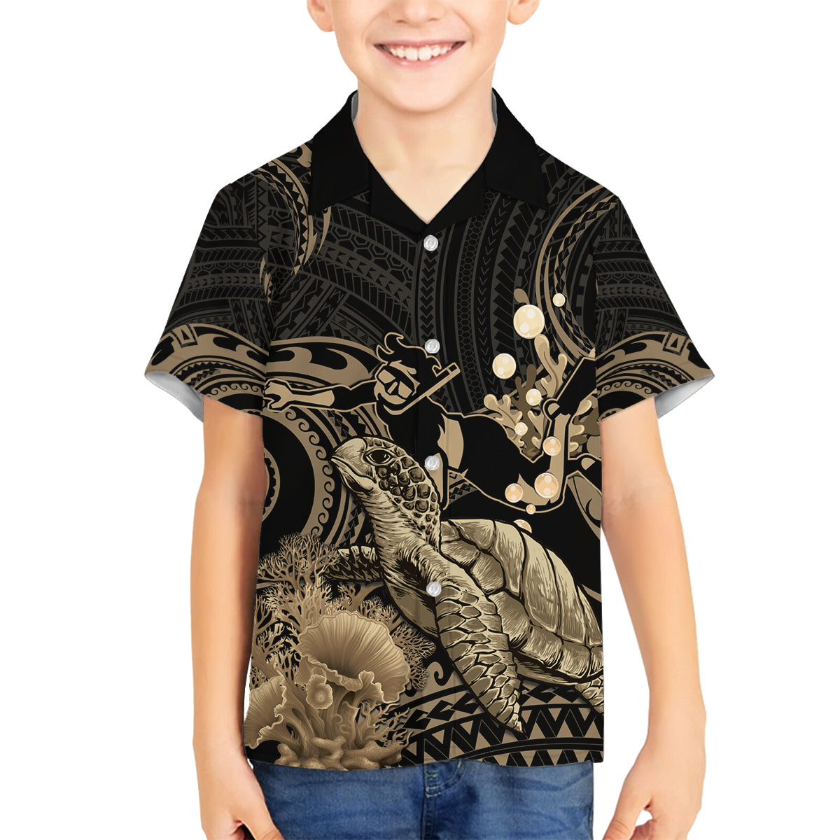 Gold Aloha Hawaii Family Matching Tank Maxi Dress and Hawaiian Shirt Snorkeling With Sea Turtle Polynesian Pattern