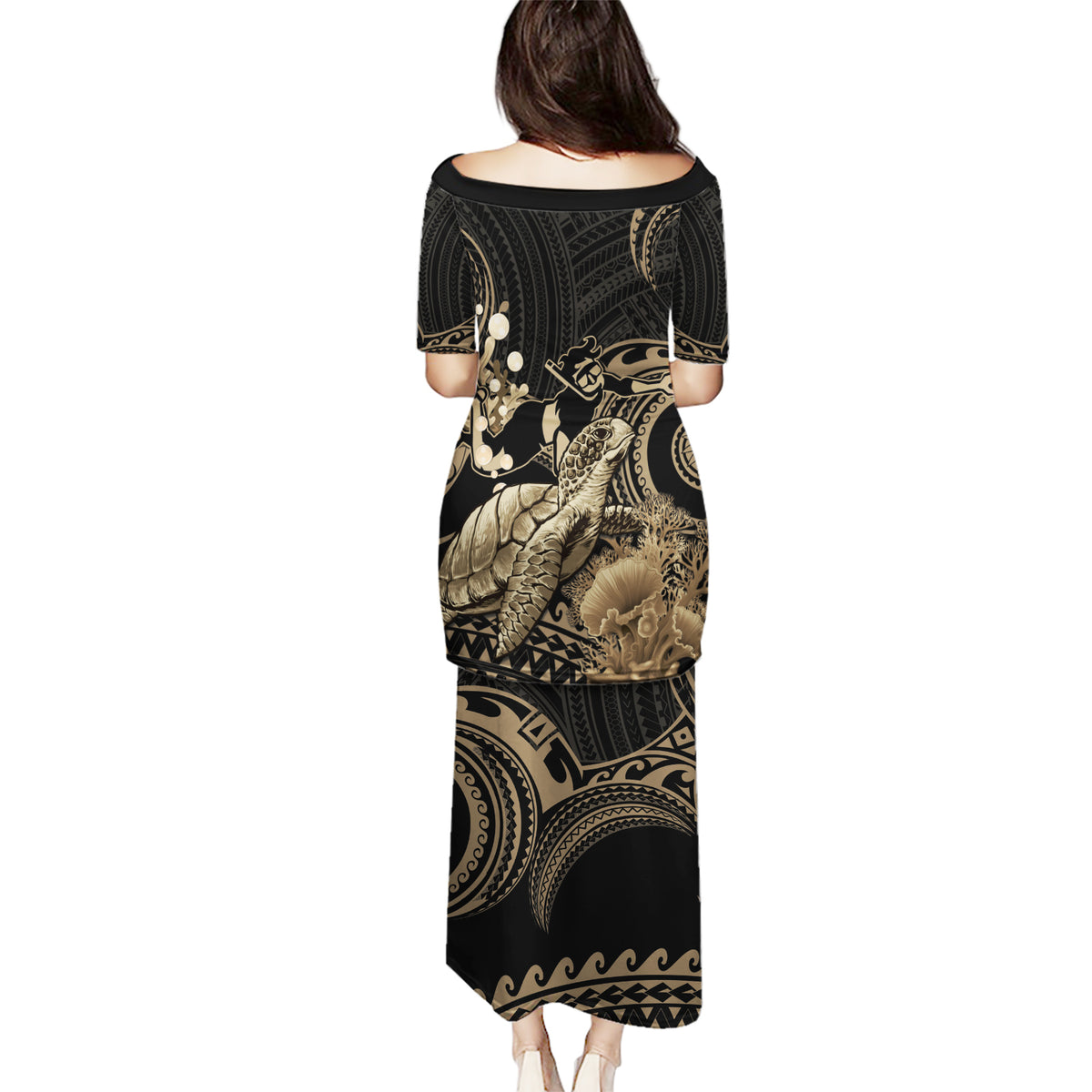 Gold Aloha Hawaii Puletasi Snorkeling With Sea Turtle Polynesian Pattern