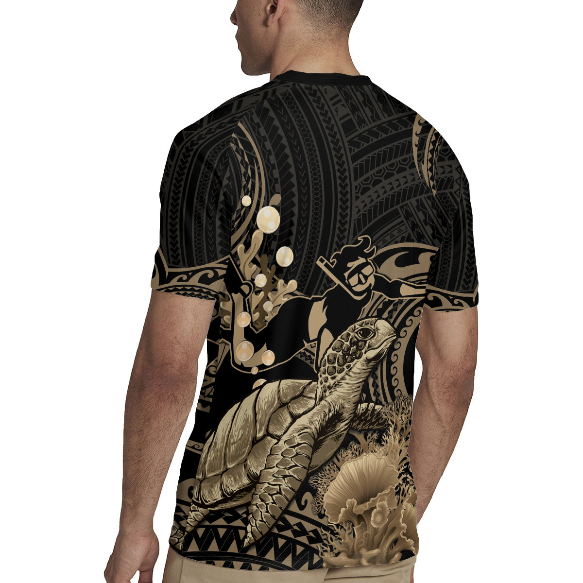 Gold Aloha Hawaii Rugby Jersey Snorkeling With Sea Turtle Polynesian Pattern
