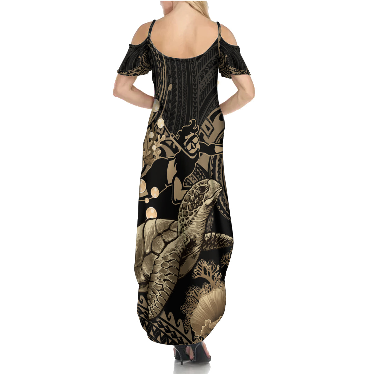 Gold Aloha Hawaii Summer Maxi Dress Snorkeling With Sea Turtle Polynesian Pattern