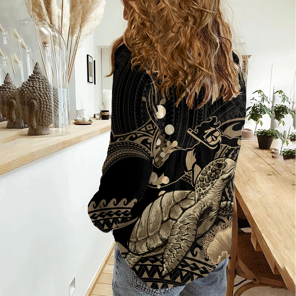 Gold Aloha Hawaii Women Casual Shirt Snorkeling With Sea Turtle Polynesian Pattern