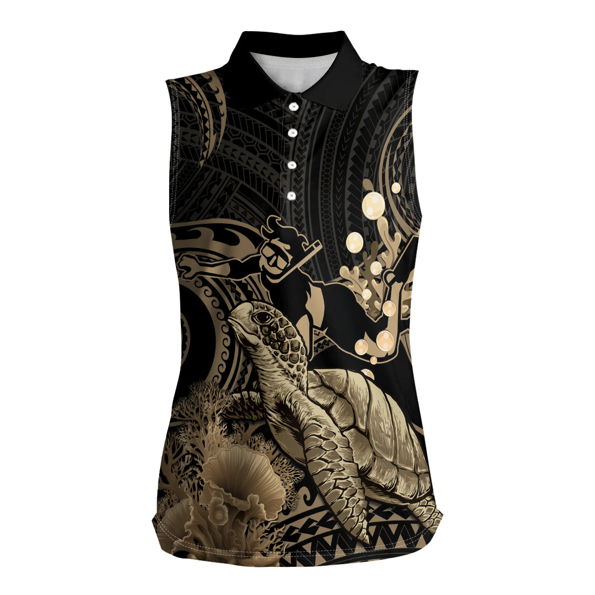Gold Aloha Hawaii Women Sleeveless Polo Shirt Snorkeling With Sea Turtle Polynesian Pattern