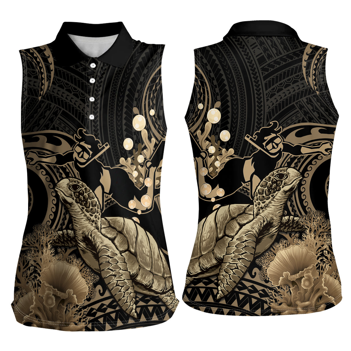 Gold Aloha Hawaii Women Sleeveless Polo Shirt Snorkeling With Sea Turtle Polynesian Pattern