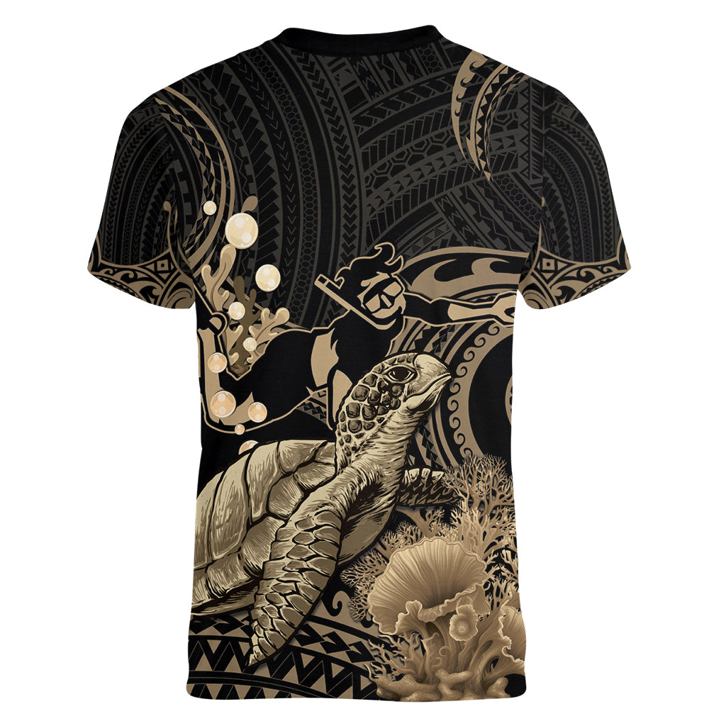 Gold Aloha Hawaii Women V-Neck T-Shirt Snorkeling With Sea Turtle Polynesian Pattern