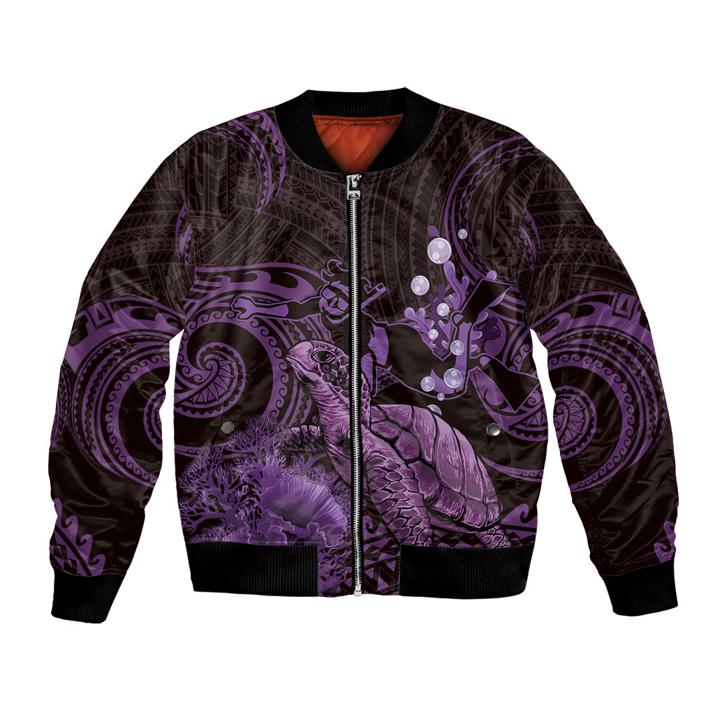 Purple Aloha Hawaii Bomber Jacket Snorkeling With Sea Turtle Polynesian Pattern