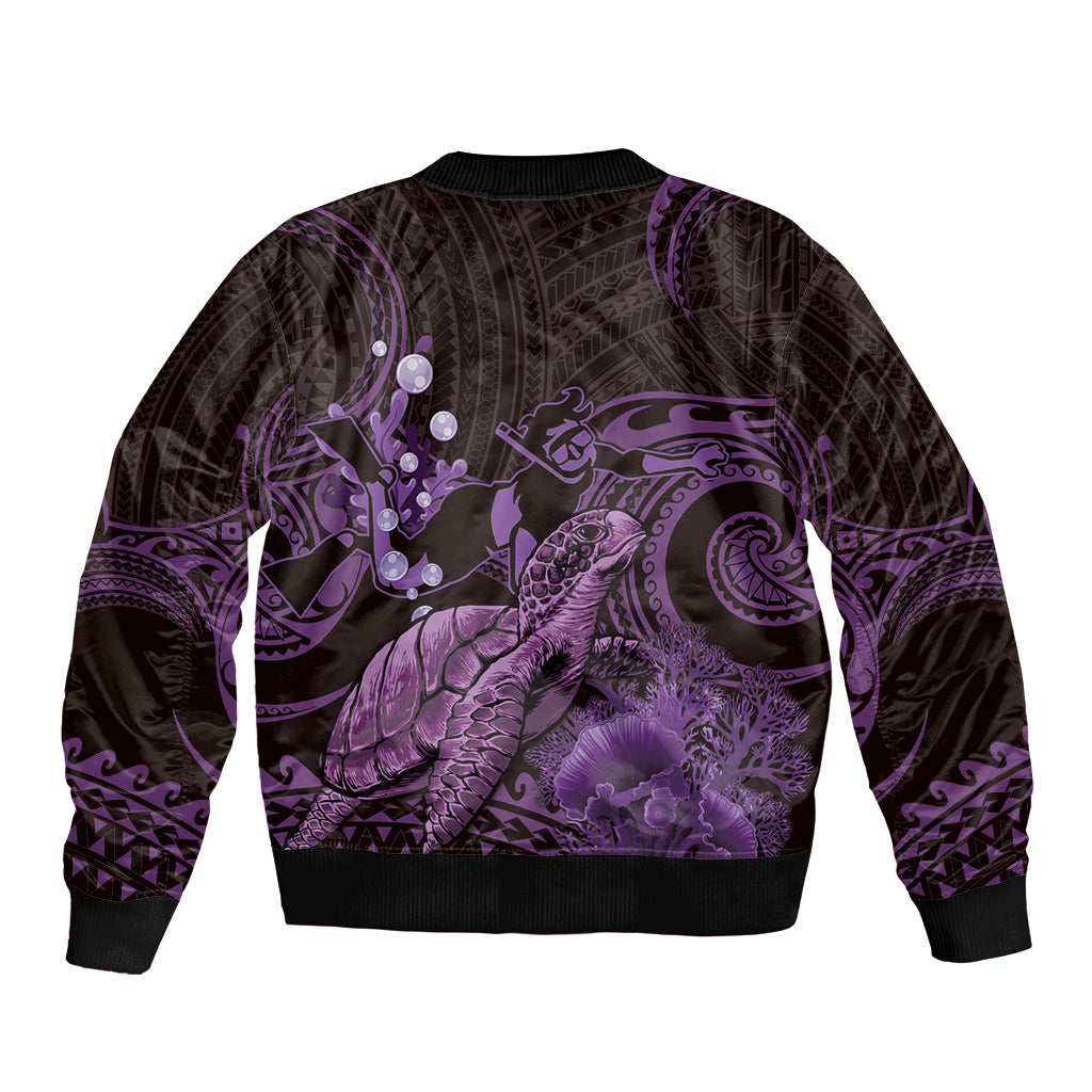 Purple Aloha Hawaii Bomber Jacket Snorkeling With Sea Turtle Polynesian Pattern