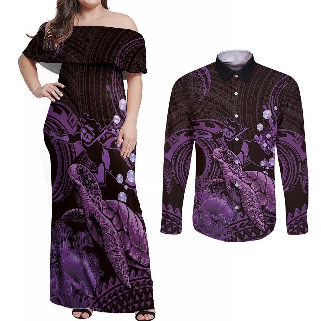 Purple Aloha Hawaii Couples Matching Off Shoulder Maxi Dress and Long Sleeve Button Shirt Snorkeling With Sea Turtle Polynesian Pattern LT14 Purple - Polynesian Pride