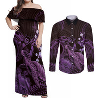 Purple Aloha Hawaii Couples Matching Off Shoulder Maxi Dress and Long Sleeve Button Shirt Snorkeling With Sea Turtle Polynesian Pattern LT14 Purple - Polynesian Pride