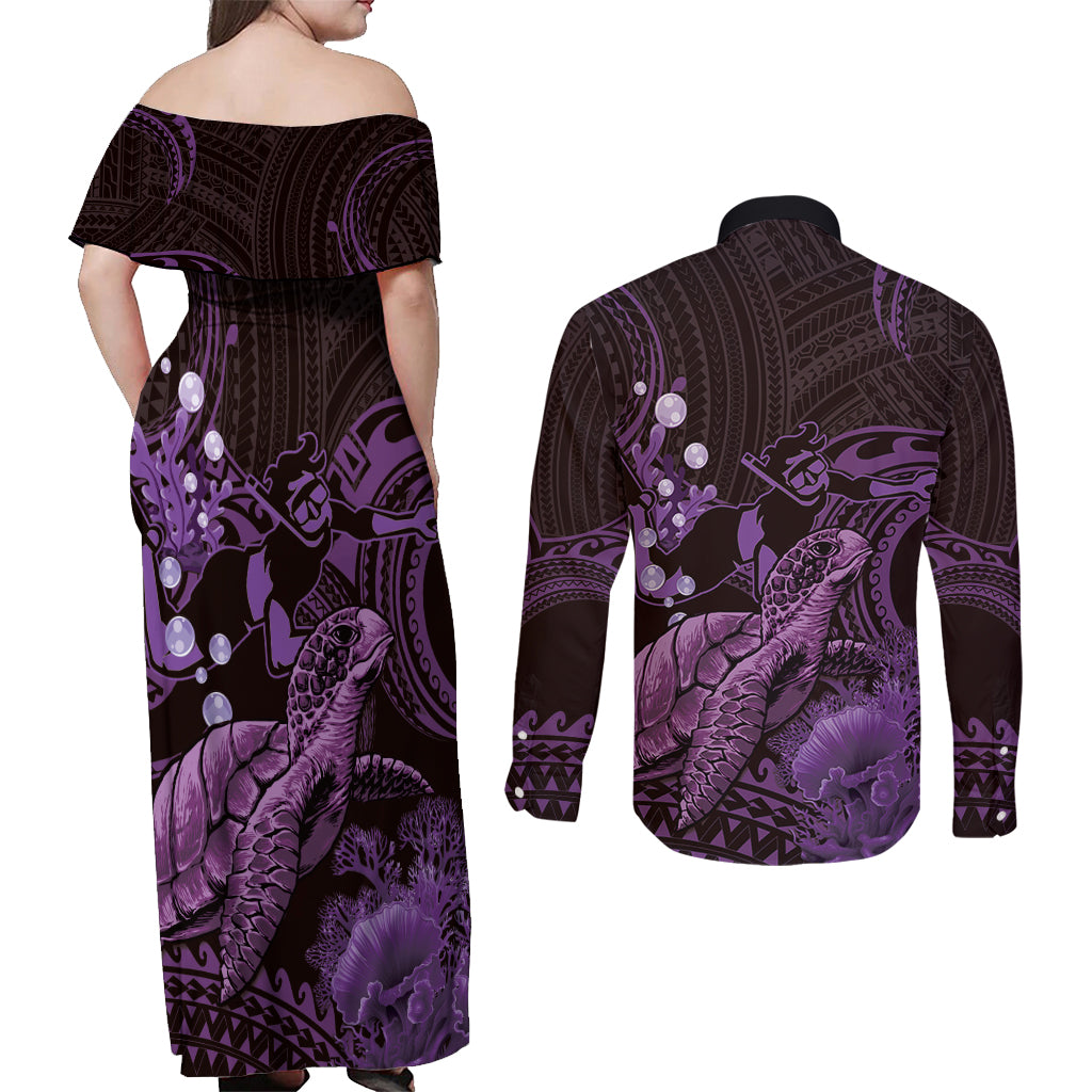 Purple Aloha Hawaii Couples Matching Off Shoulder Maxi Dress and Long Sleeve Button Shirt Snorkeling With Sea Turtle Polynesian Pattern LT14 - Polynesian Pride