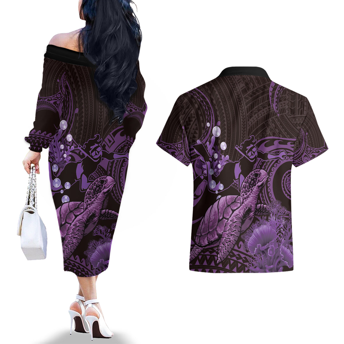 Purple Aloha Hawaii Couples Matching Off The Shoulder Long Sleeve Dress and Hawaiian Shirt Snorkeling With Sea Turtle Polynesian Pattern