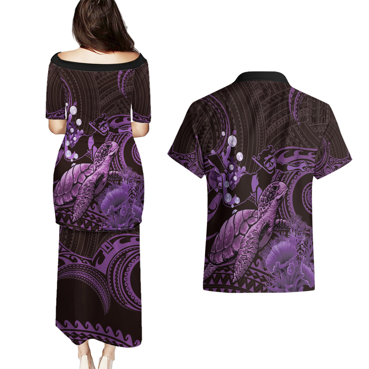 Purple Aloha Hawaii Couples Matching Puletasi and Hawaiian Shirt Snorkeling With Sea Turtle Polynesian Pattern