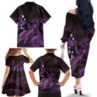 Purple Aloha Hawaii Family Matching Off The Shoulder Long Sleeve Dress and Hawaiian Shirt Snorkeling With Sea Turtle Polynesian Pattern
