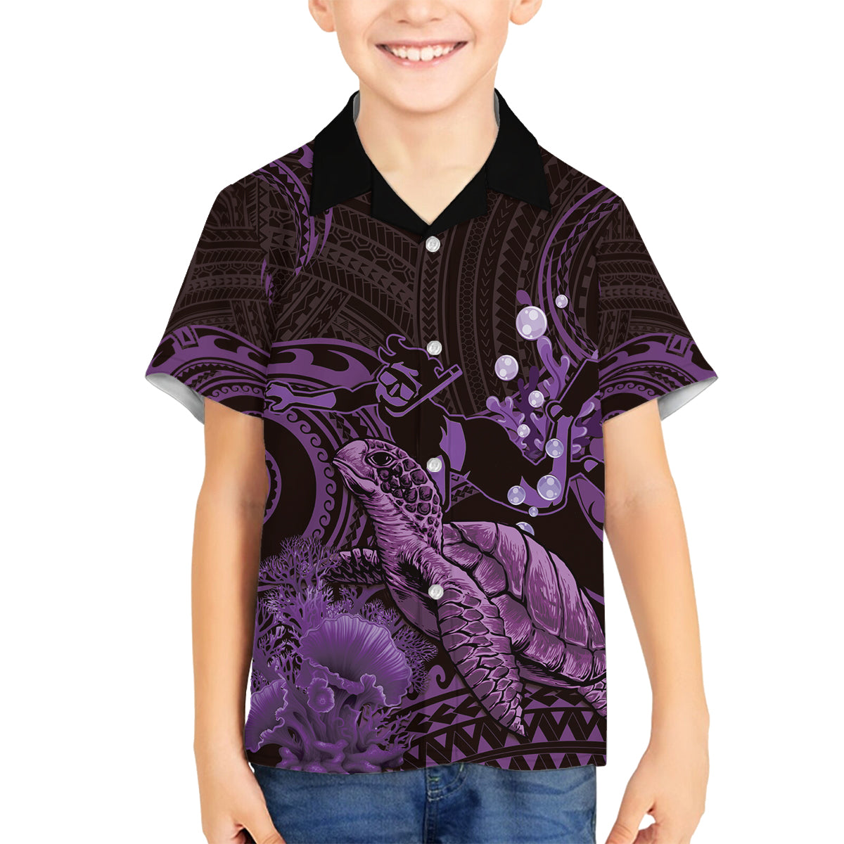 Purple Aloha Hawaii Family Matching Off Shoulder Short Dress and Hawaiian Shirt Snorkeling With Sea Turtle Polynesian Pattern