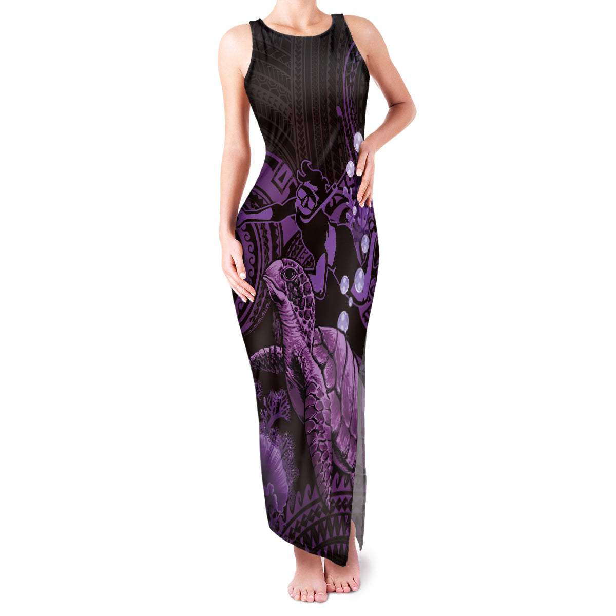 Purple Aloha Hawaii Family Matching Tank Maxi Dress and Hawaiian Shirt Snorkeling With Sea Turtle Polynesian Pattern