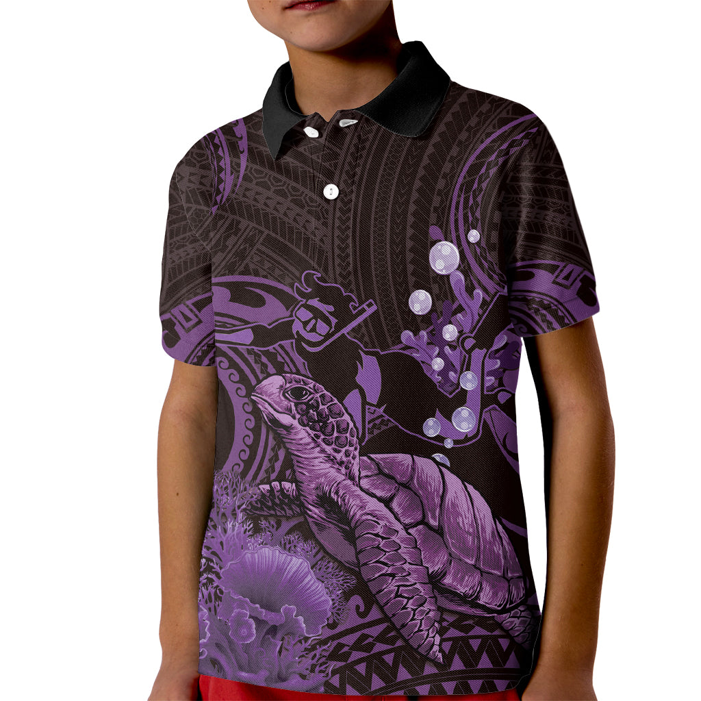 Purple Aloha Hawaii Kid Polo Shirt Snorkeling With Sea Turtle Polynesian Pattern