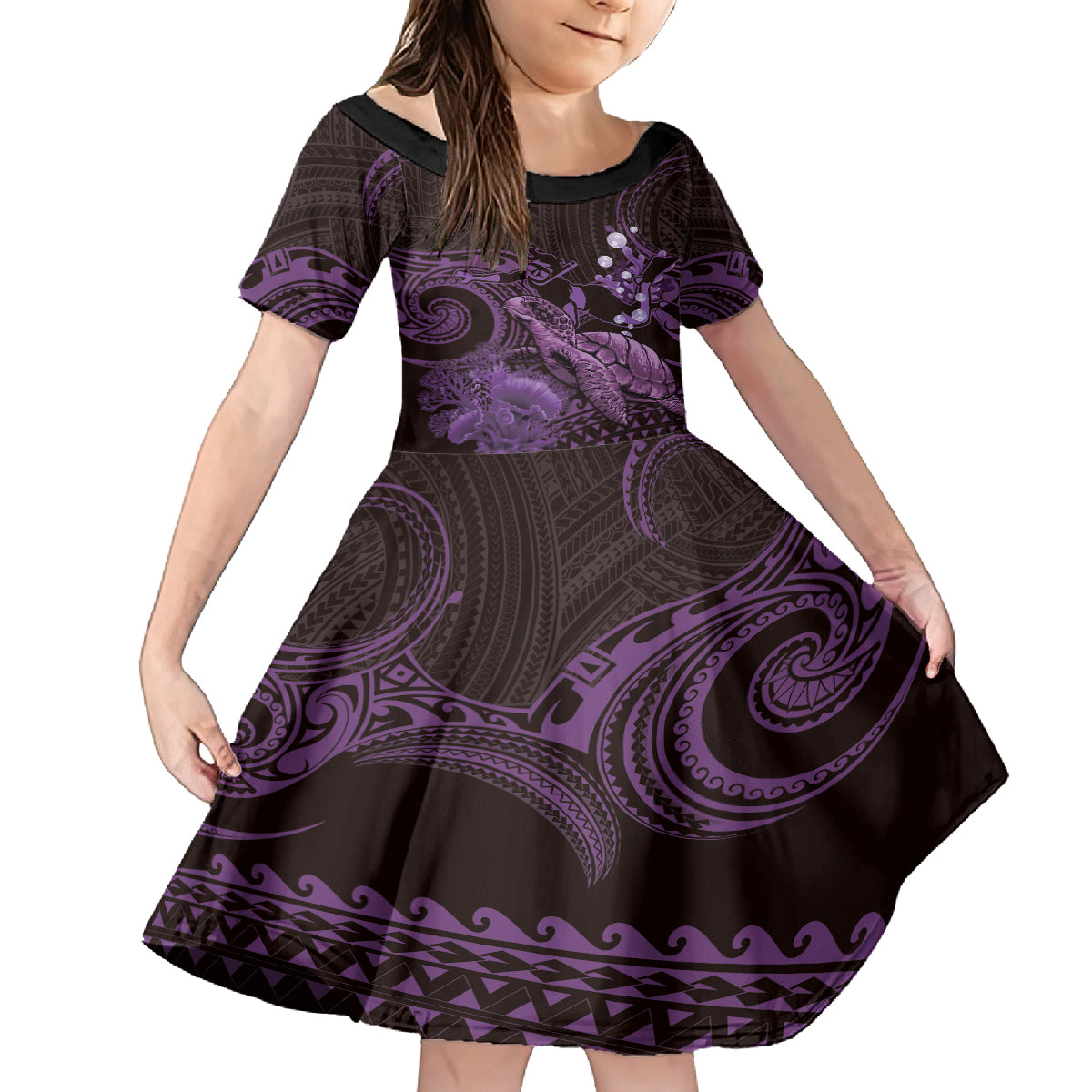 Purple Aloha Hawaii Kid Short Sleeve Dress Snorkeling With Sea Turtle Polynesian Pattern LT14 KID Purple - Polynesian Pride